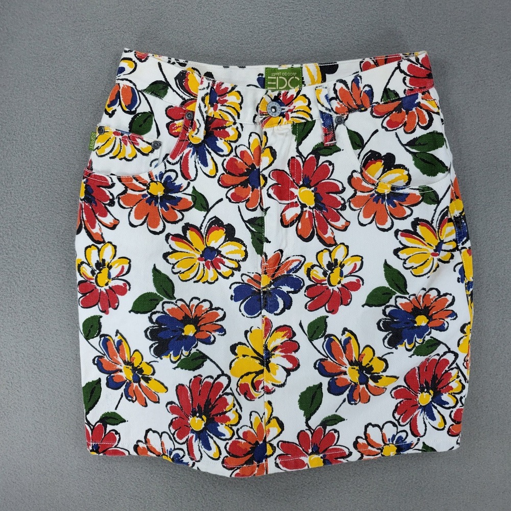 Esprit EDC Floral Mini Skirt Women 7/8 White Daisies 90s VTG Denim Cotton Skirt